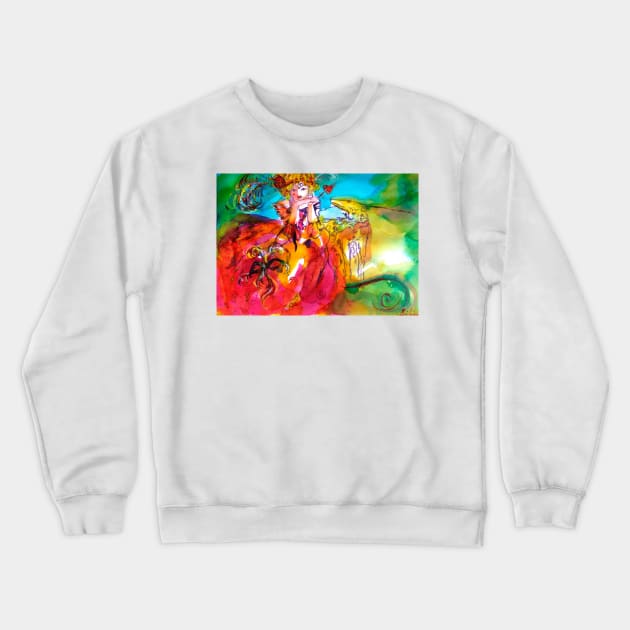 MIRANDOLINA Romantic Woman With Mask And Dog,Venetian Masquerade Crewneck Sweatshirt by BulganLumini